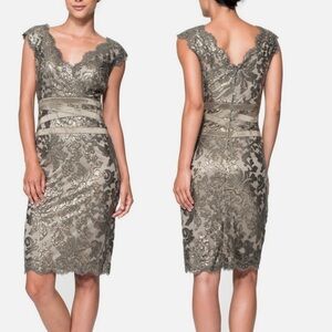 Tadashi Shoji Smoke Pearl Sequin Lace Cocktail Dress 6P 
V Neck Sheath Evening
